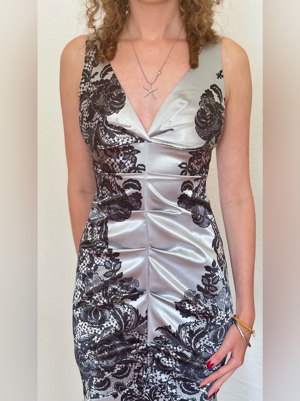 Jump Silver and Black Lace-Print V-Neck Midi Dress